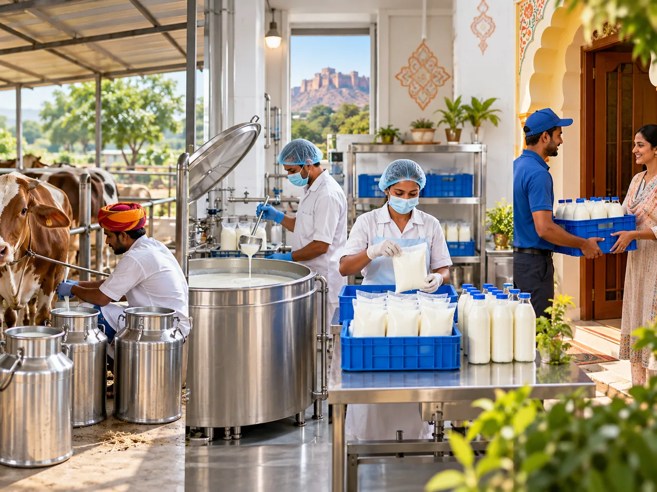 Dairy collection, packing, and delivery process visual