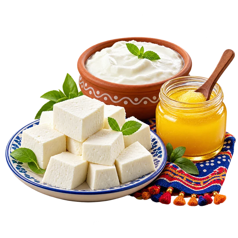 Paneer, curd, and ghee assortment